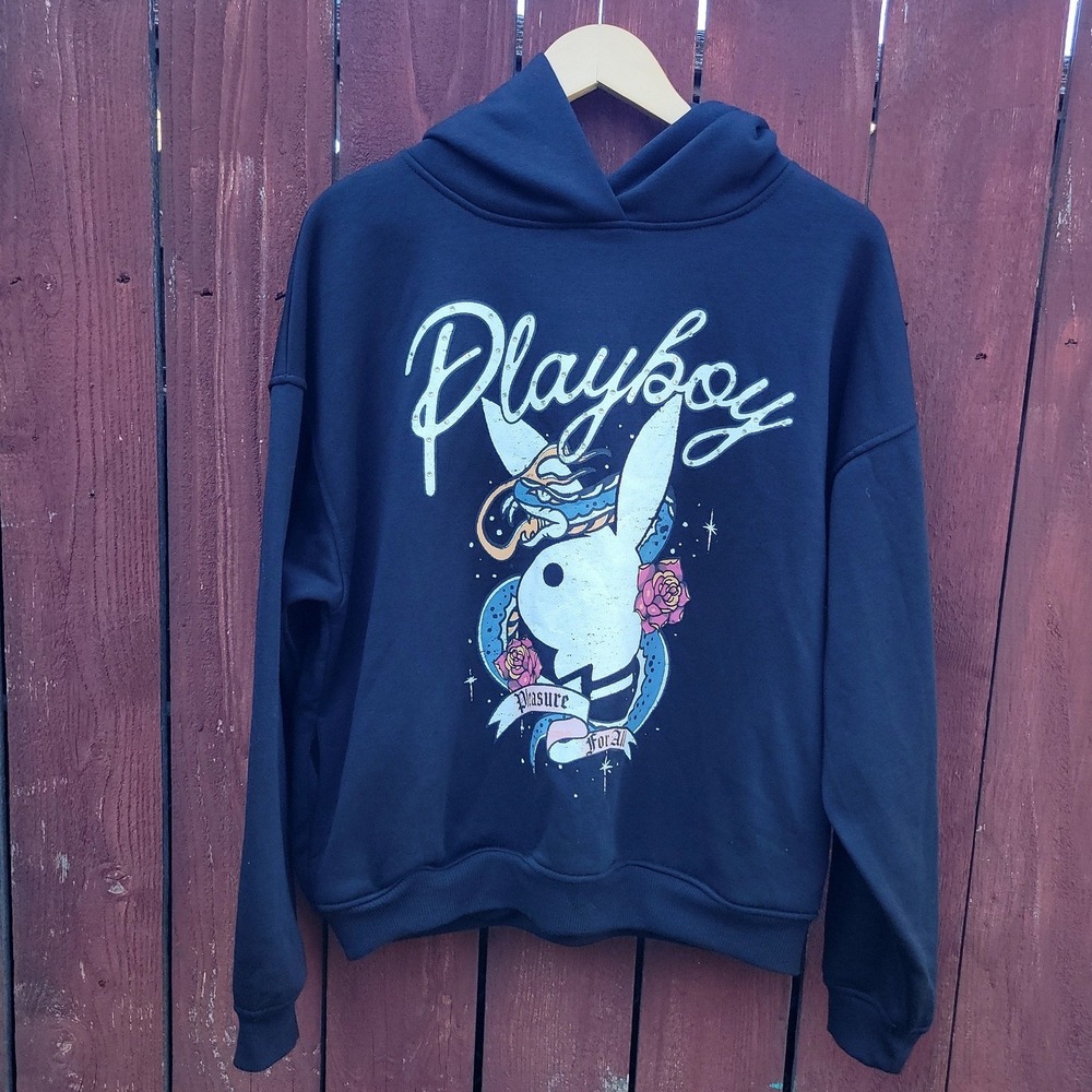 Playboy Womens Black Graphic Hoodie Snake Rose Rhinestone PBU06-5043 Small